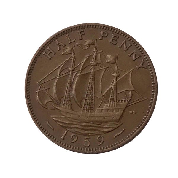 1959 Half Penny Coin With Ship (Golden Hind), Queen Elizabeth 2nd from the United kingdom, Perfect for Birthdays ,Anniversary and Jewellery