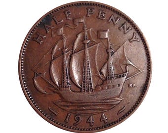 1944 Half Penny Coin With Ship (Golden Hind), King George VI from the United kingdom, Perfect for Birthdays ,Anniversary and Jewellery