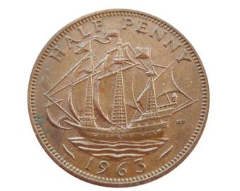 1963 Half Penny Coin With Ship (Golden Hind), Queen Elizabeth 2nd from the United kingdom, Perfect for Birthdays ,Anniversary and Jewellery