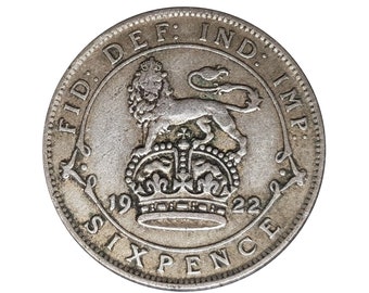 1922 Sixpence Coin Great Britain From King George V, Perfect for Birthdays , Anniversary or Craft and Jewellery