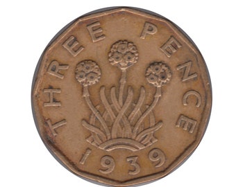Brass Threepence coin 1939 Nickel Brass, ideal gift or for jewellery or craftmaking projects. United kingdom