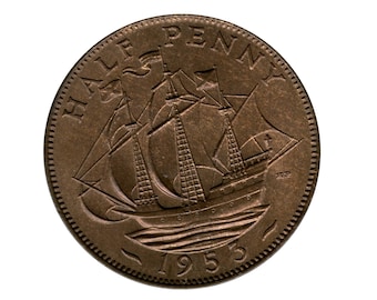 1953 Half Penny Coin With Ship (Golden Hind), Queen Elizabeth 2nd from the United kingdom, Perfect for Birthdays ,Anniversary and Jewellery