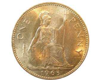 1963 年イギリス 1 ペニー硬貨、エリザベス 2 世女王、良好な中古