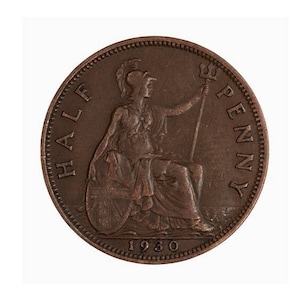 1930 Half Penny Coin With Britannia, King George V from the United kingdom, Perfect for Birthdays ,Anniversary and within Jewellery
