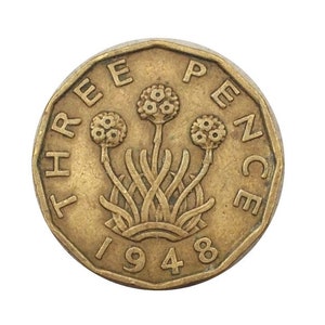 Brass Threepence coin 1948 Nickel Brass, ideal gift or for jewellery or craftmaking projects. United kingdom