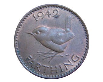 1942 farthing Coin With a Wren from the United kingdom, Perfect for Birthdays ,Anniversary and within Jewellery