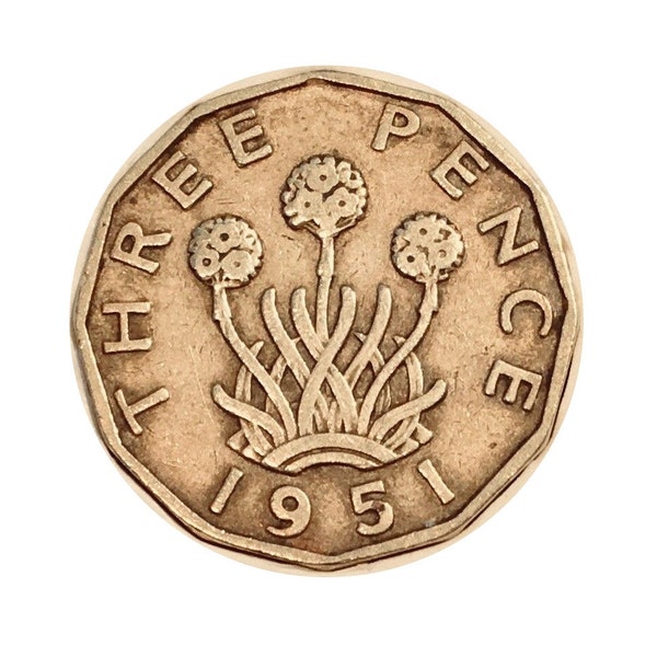 Brass Threepence coin 1951 Nickel Brass, ideal gift or for jewellery or craftmaking projects. United kingdom