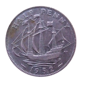 1952 Half Penny Coin With Ship (Golden Hind), King George VI from the United kingdom, Perfect for Birthdays ,Anniversary and Jewellery