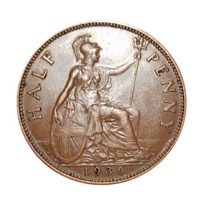 1936 Half Penny Coin With Britannia, King George V from the United kingdom, Perfect for Birthdays ,Anniversary and within Jewellery