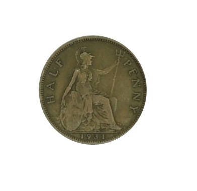 Image of 1931 Half Penny Coin With Britannia, King George V From The United Kingdom, Perfect For Birthdays , Anniversary & Within Jewellery