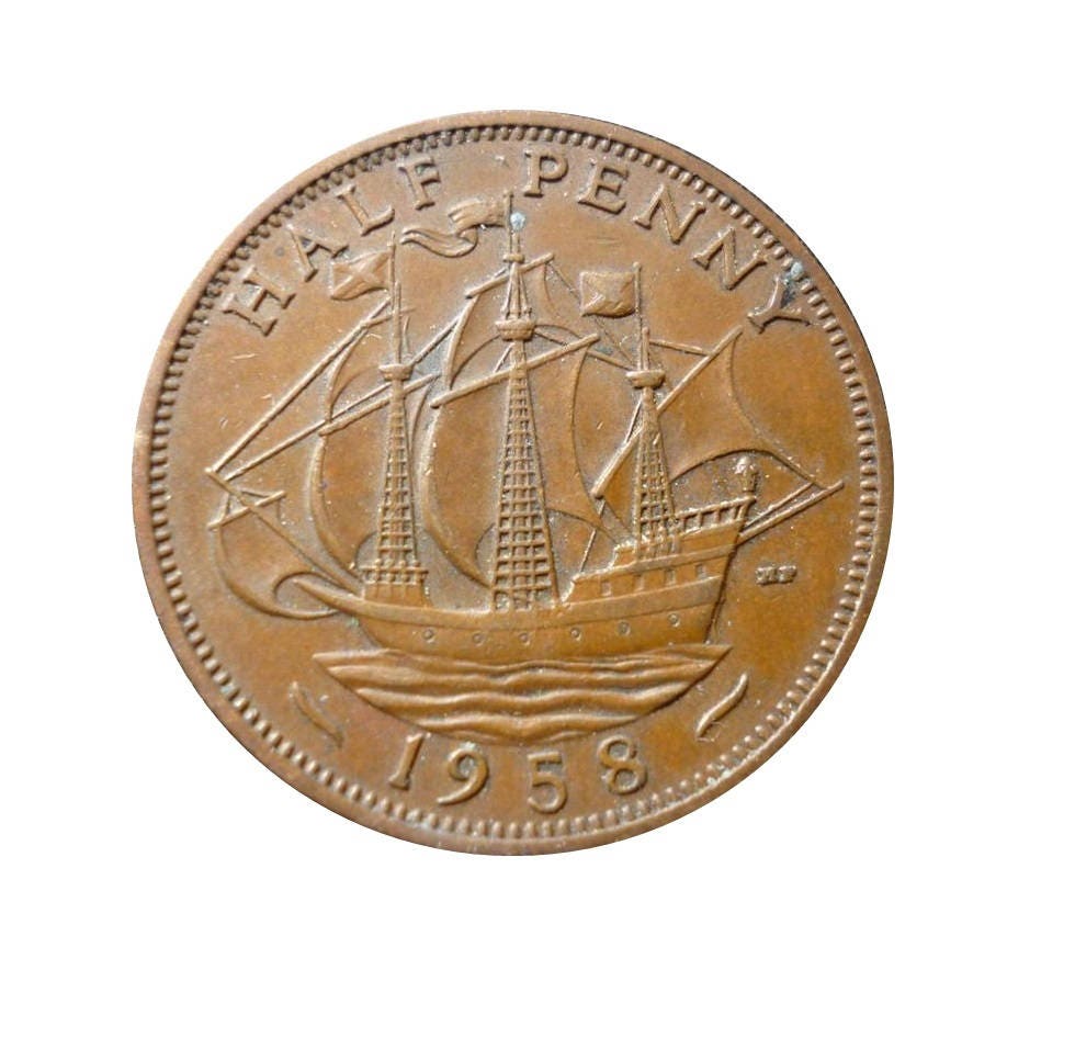 Image of 1958 Half Penny Coin With Ship | Golden Hind, Queen Elizabeth 2nd From The United Kingdom, Perfect For Birthdays , Anniversary & Jewellery