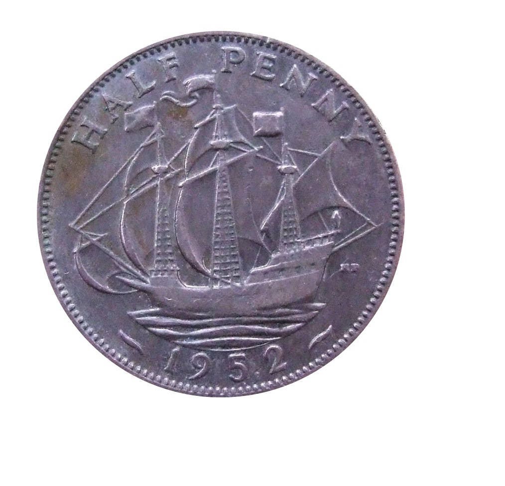 Image of 1952 Half Penny Coin With Ship | Golden Hind, King George Vi From The United Kingdom, Perfect For Birthdays , Anniversary & Jewellery