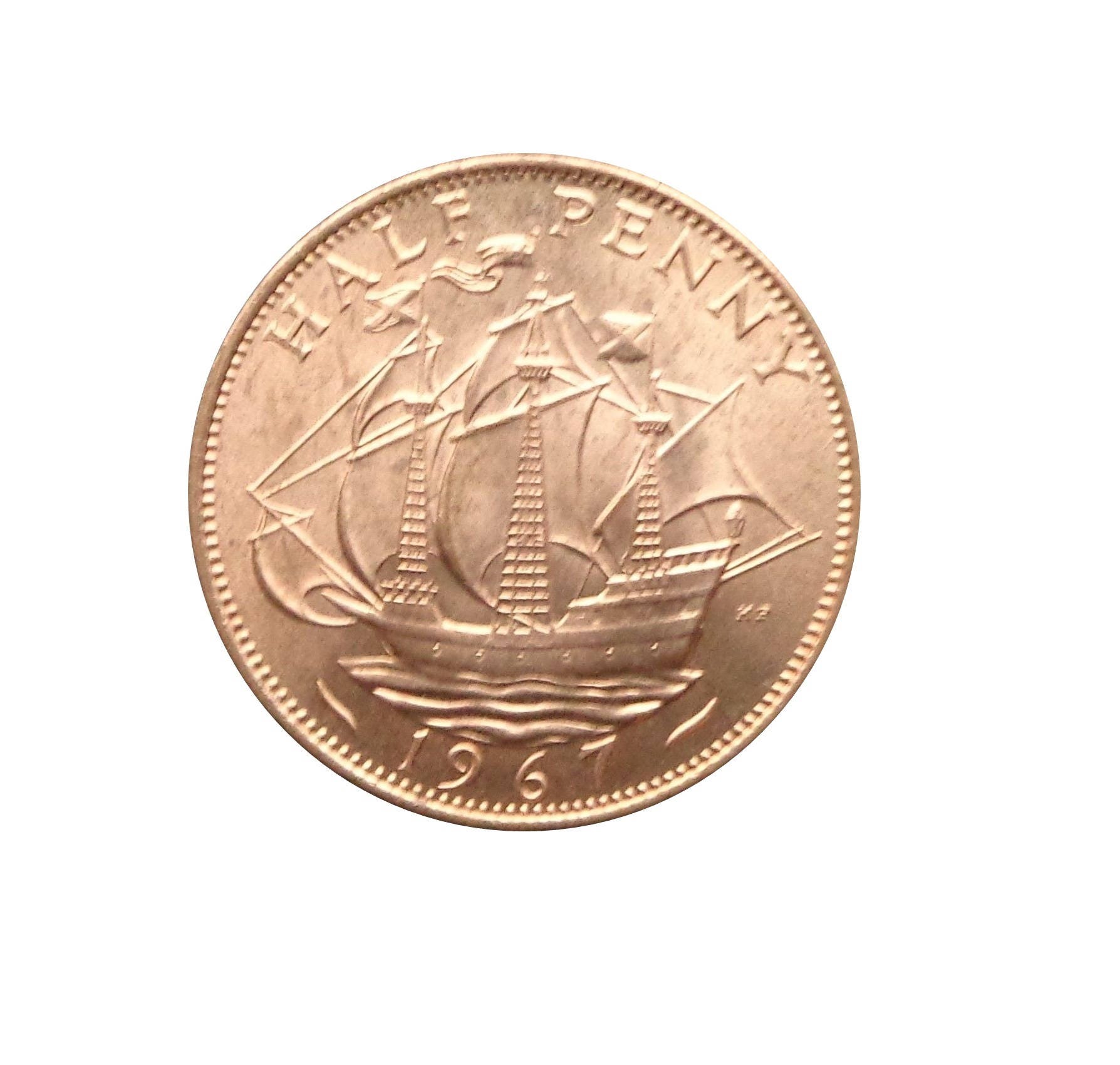 430 old world coin GREAT BRITAIN half 1/2 penny 1967 KM896 Golden Hind ship
