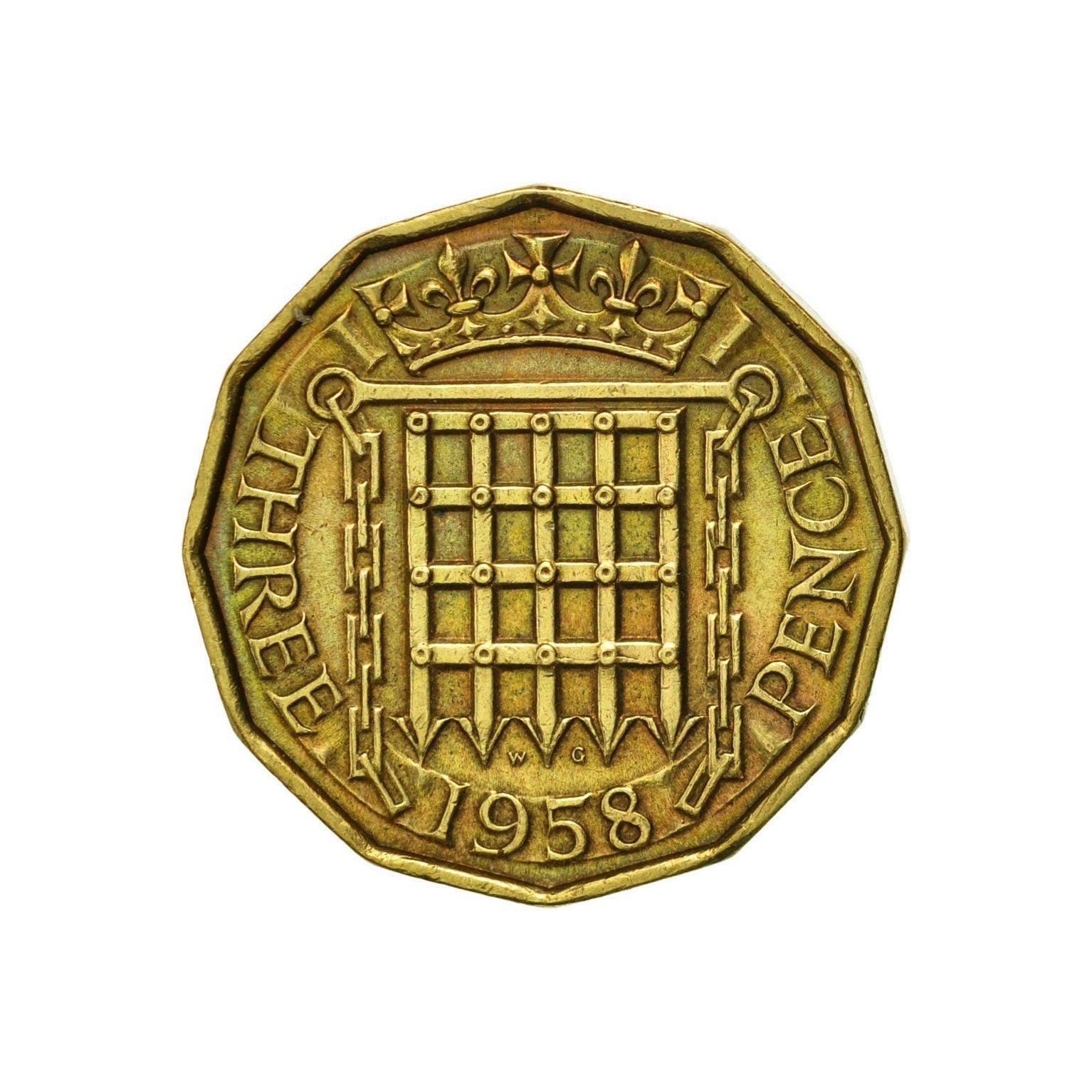 Image of Brass Threepence Coin 1958 United Kingdom Nickel Brass, Ideal Gift Or For Jewellery Craft Making Projects. Queen Elizabeth 2nd