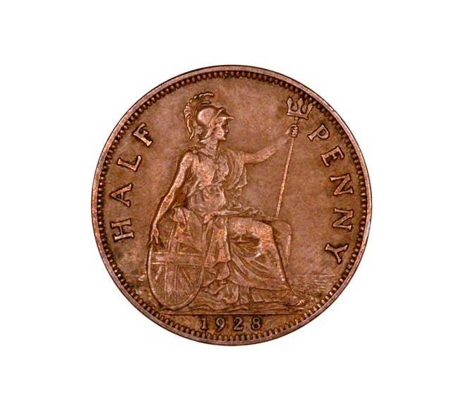 Image of 1928 Half Penny Coin With Britannia, King George V From The United Kingdom, Perfect For Birthdays , Anniversary & Within Jewellery