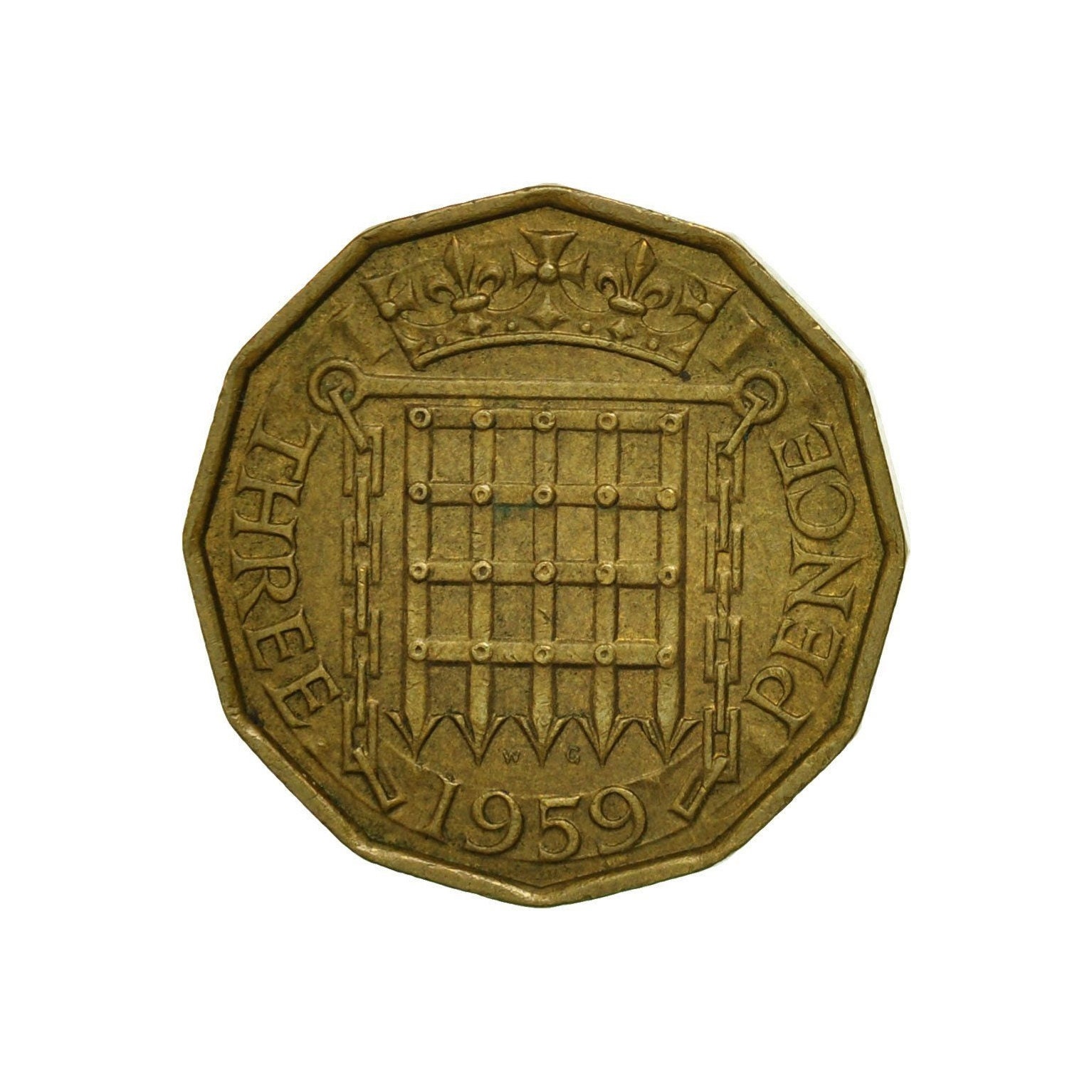 Image of Brass Threepence Coin 1959 United Kingdom Nickel Brass, Ideal Gift Or For Jewellery Craft Making Projects. Queen Elizabeth 2nd