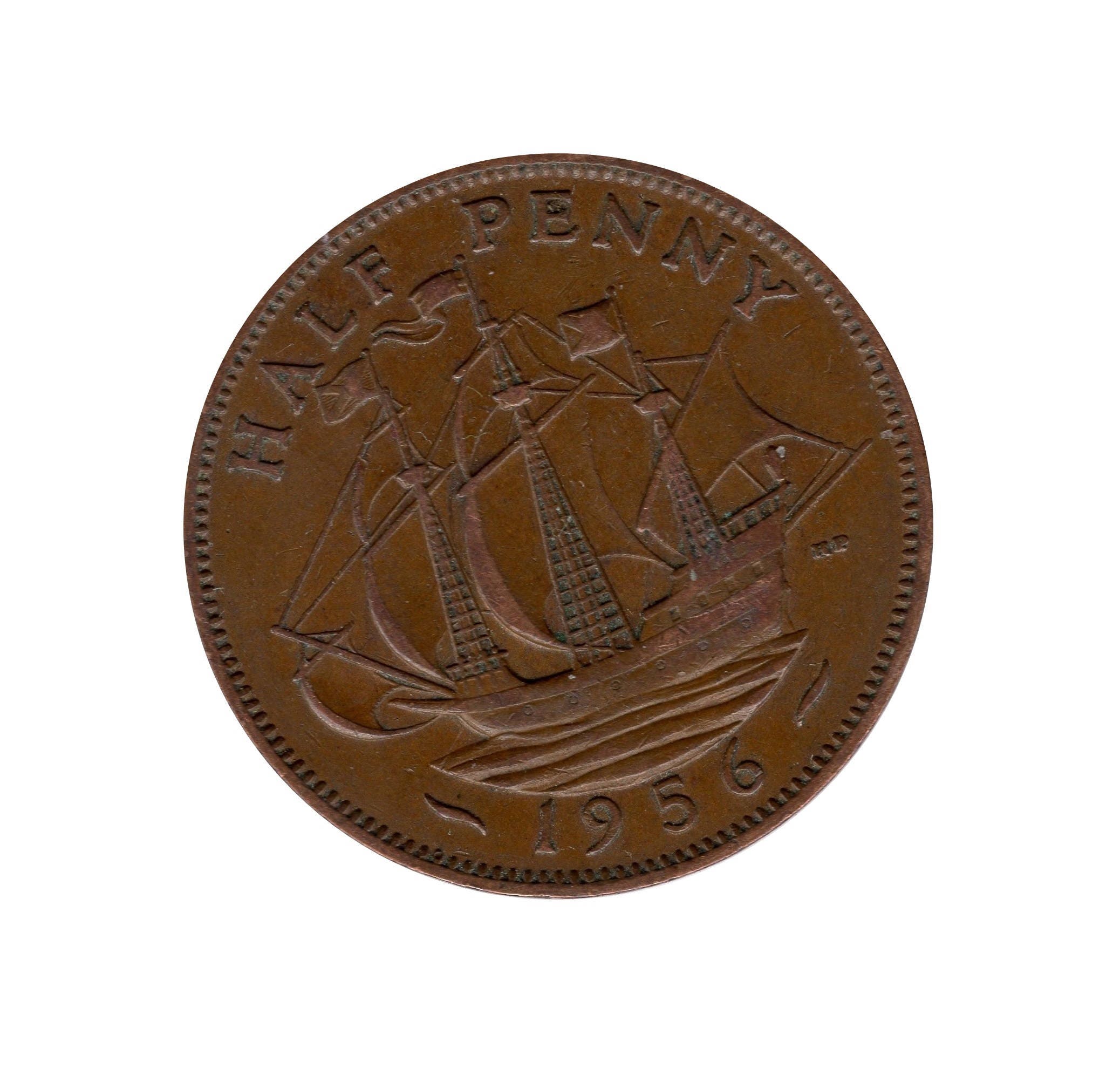 Image of 1956 Half Penny Coin With Ship | Golden Hind, Queen Elizabeth 2nd From The United Kingdom, Perfect For Birthdays , Anniversary & Jewellery