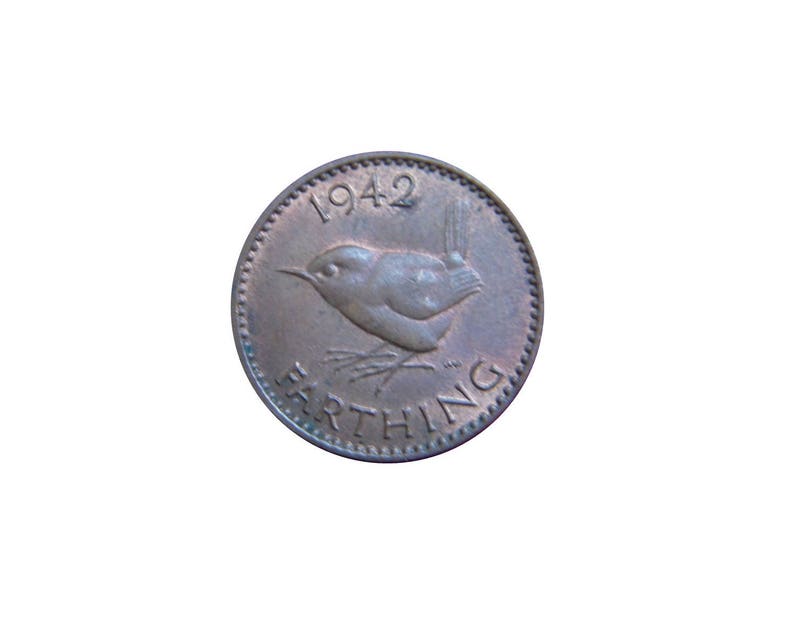 1942 farthing Coin With a Wren from the United kingdom, Perfect for Birthdays ,Anniversary and within Jewellery image 1