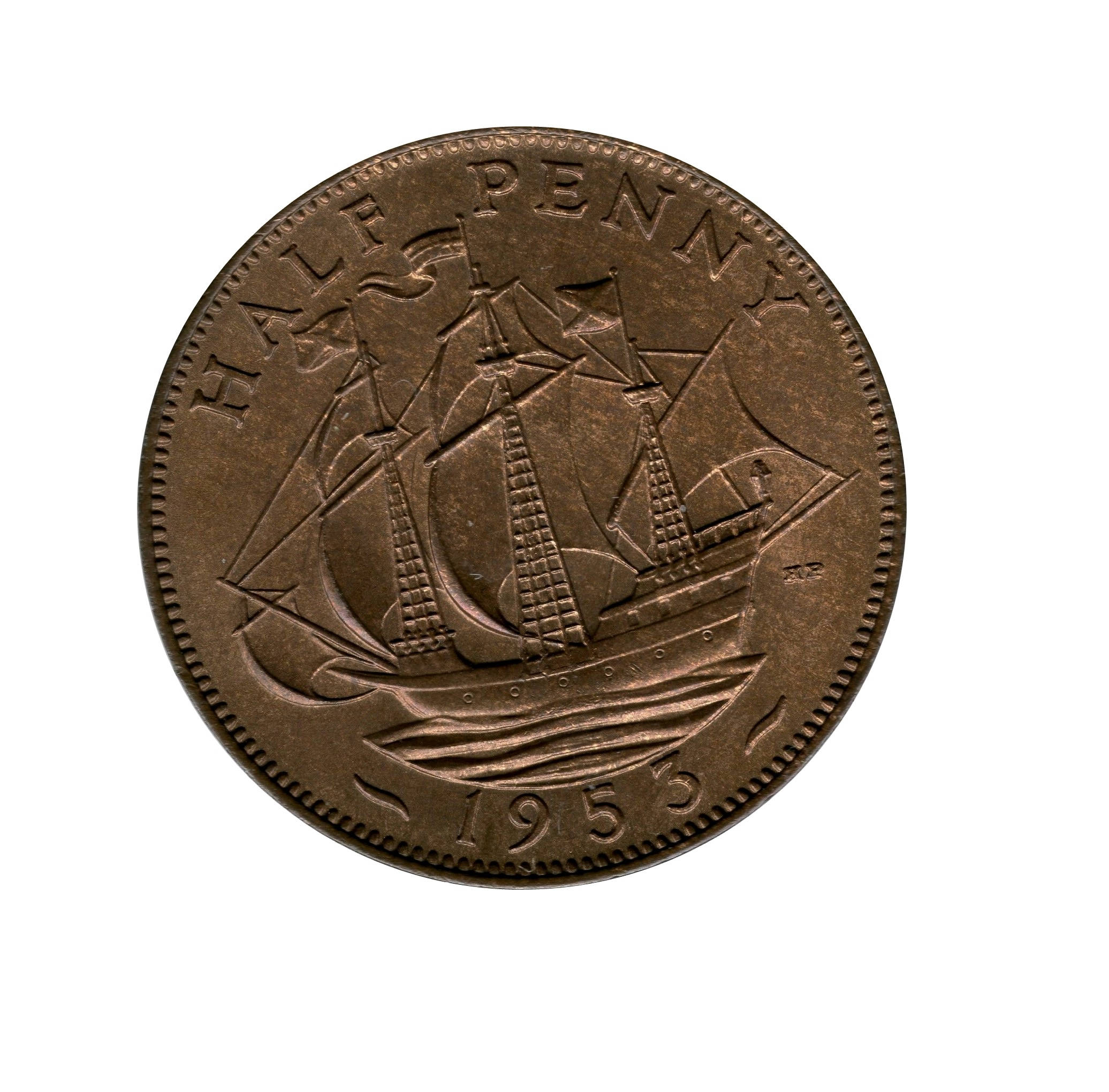 Image of 1953 Half Penny Coin With Ship | Golden Hind, Queen Elizabeth 2nd From The United Kingdom, Perfect For Birthdays , Anniversary & Jewellery
