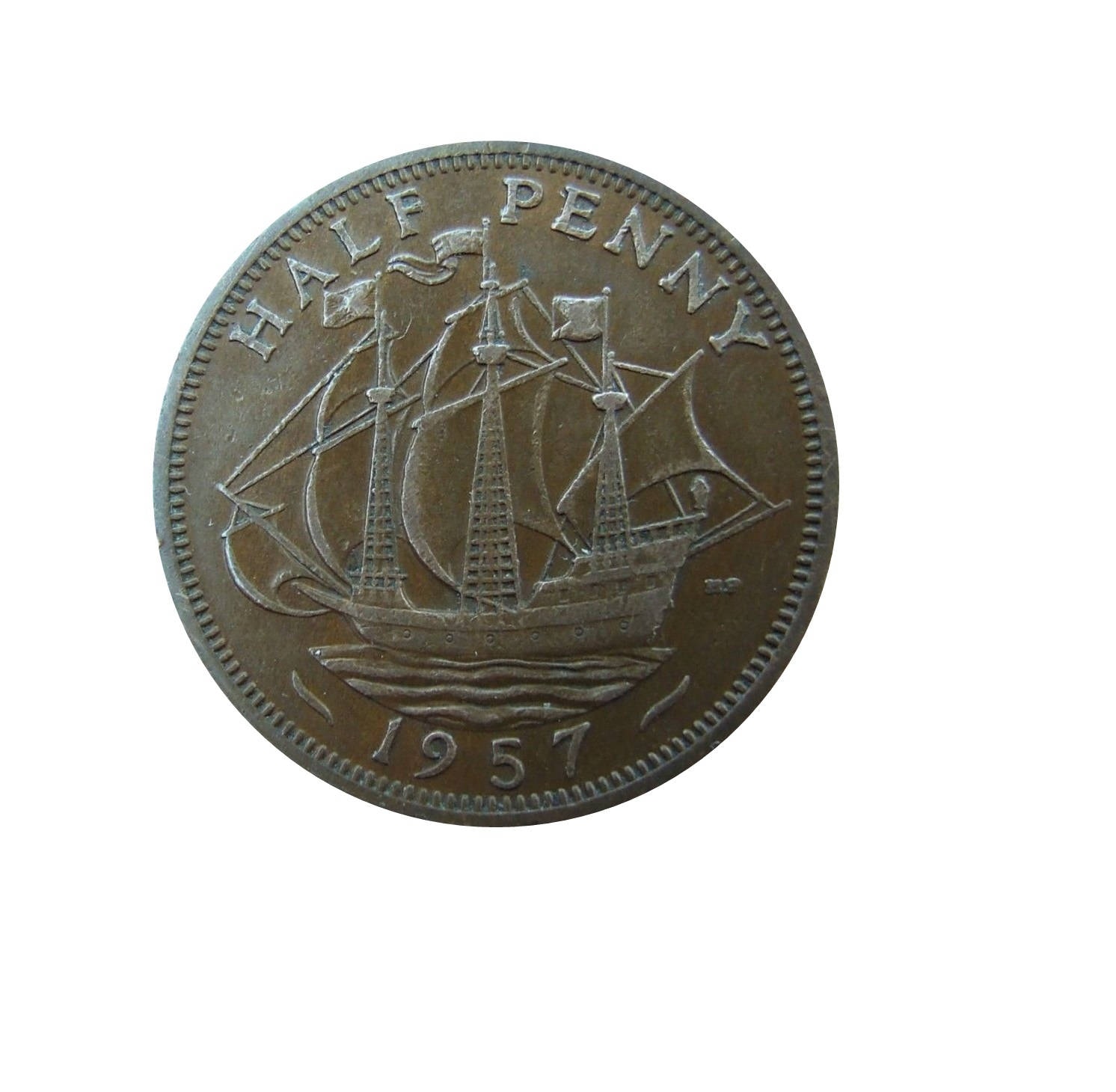 Image of 1957 Half Penny Coin With Ship | Golden Hind, Queen Elizabeth 2nd From The United Kingdom, Perfect For Birthdays , Anniversary & Jewellery