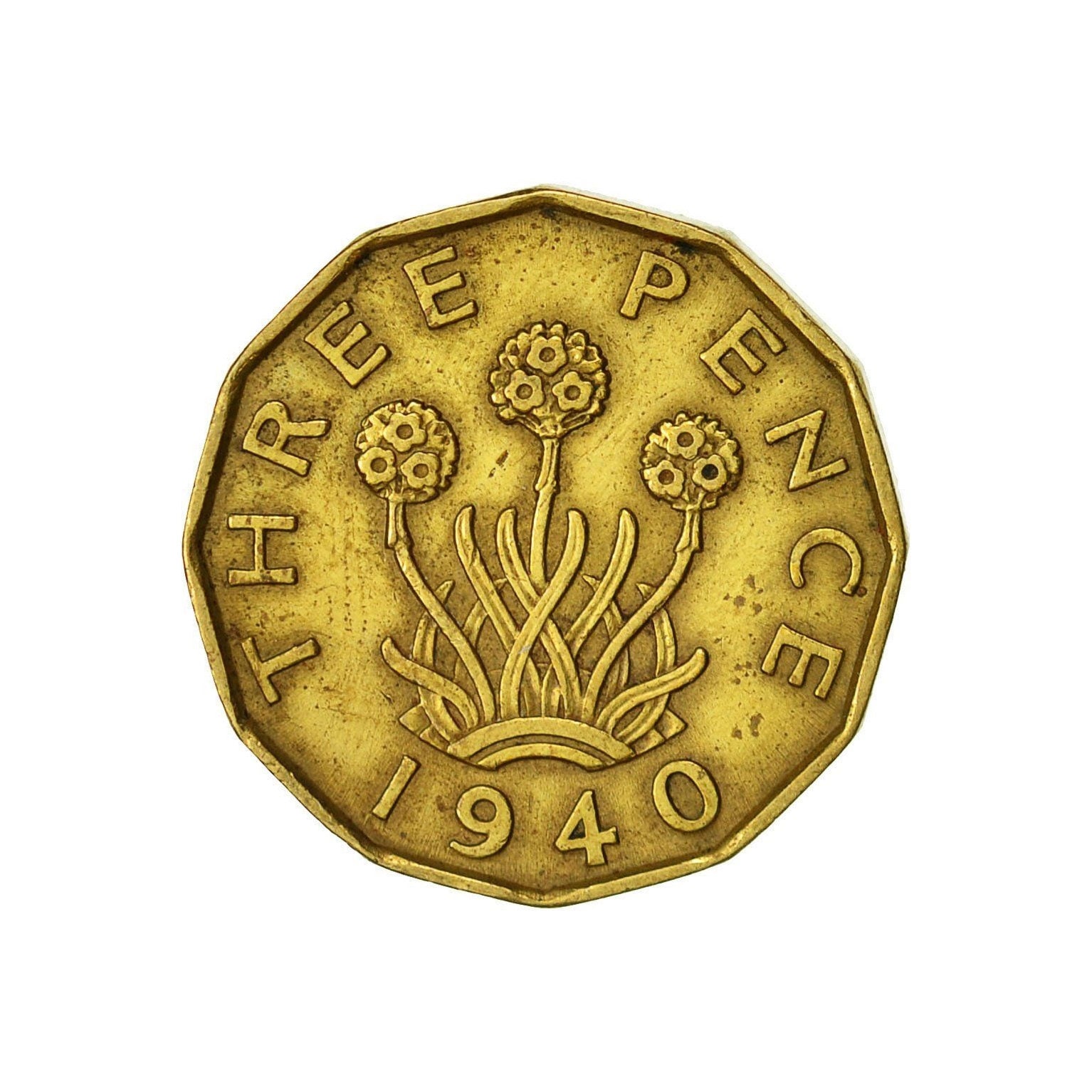 Image of Brass Threepence Coin 1940 Nickel Brass, Ideal Gift Or For Jewellery Craftmaking Projects. United Kingdom