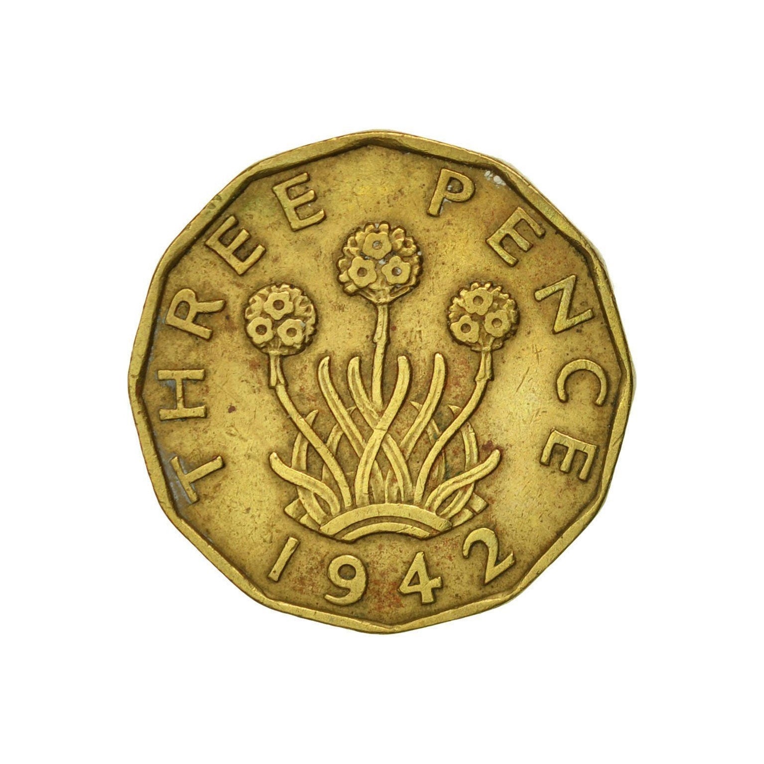 Image of Brass Threepence Coin 1942 Nickel Brass, Ideal Gift Or For Jewellery Craftmaking Projects. United Kingdom