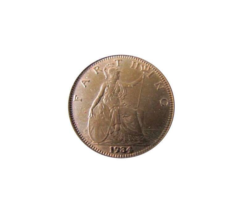 1934 farthing Coin featuring Britannia from the United kingdom, 1934 farthing Coin featuring Britannia from the United kingdom,