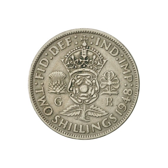 1948年発行のイギリスの2シリング硬貨（ジョージ6世発行）。誕生日 