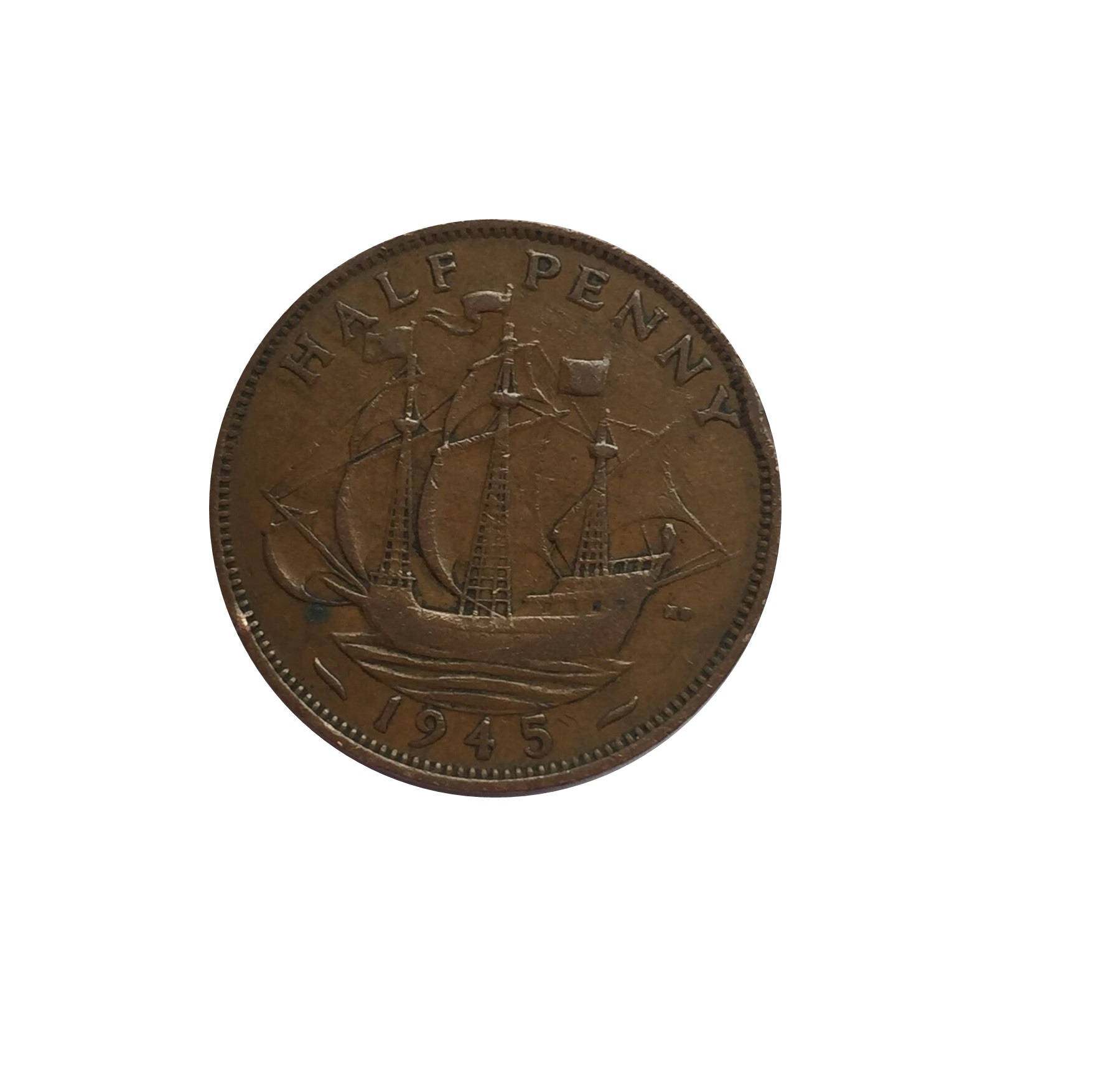 Image of 1945 Half Penny Coin With Ship | Golden Hind, King George Vi From The United Kingdom, Perfect For Birthdays , Anniversary & Jewellery