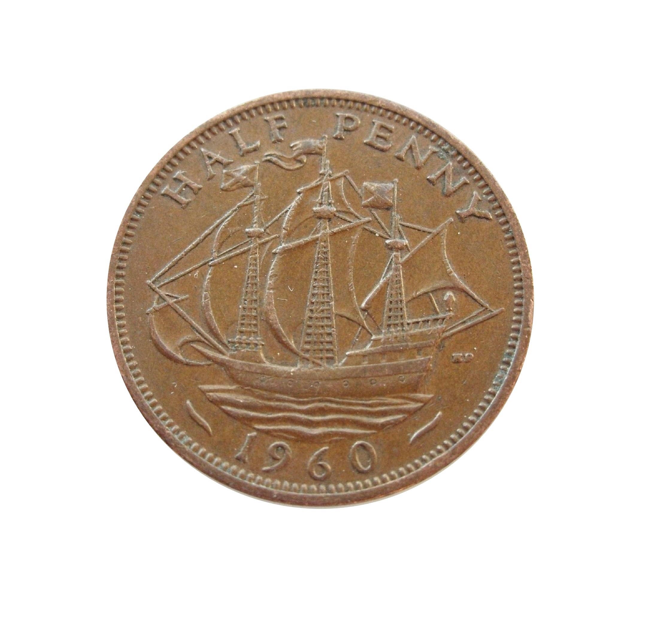 1960 Half Penny Coin With Ship (golden Hind), Queen Elizabeth 2nd