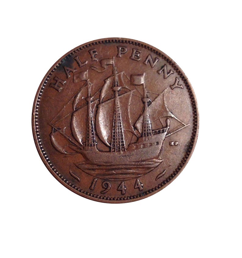 1944 Half Penny Coin With Ship Golden Hind King George VI From The 1944-great-britain-half-penny-for-sale-buy-now-online-item-139485