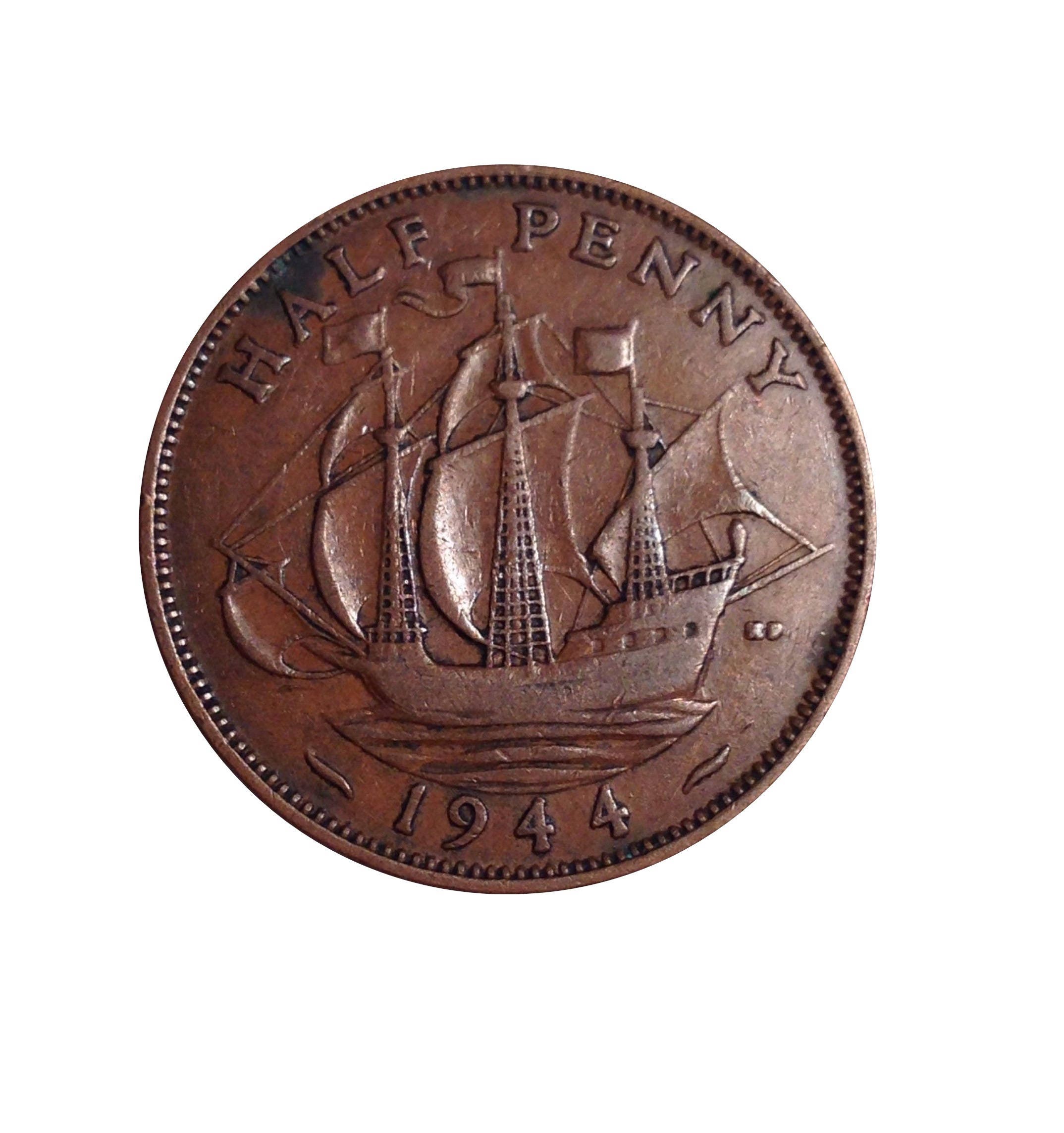 Image of 1944 Half Penny Coin With Ship | Golden Hind, King George Vi From The United Kingdom, Perfect For Birthdays , Anniversary & Jewellery