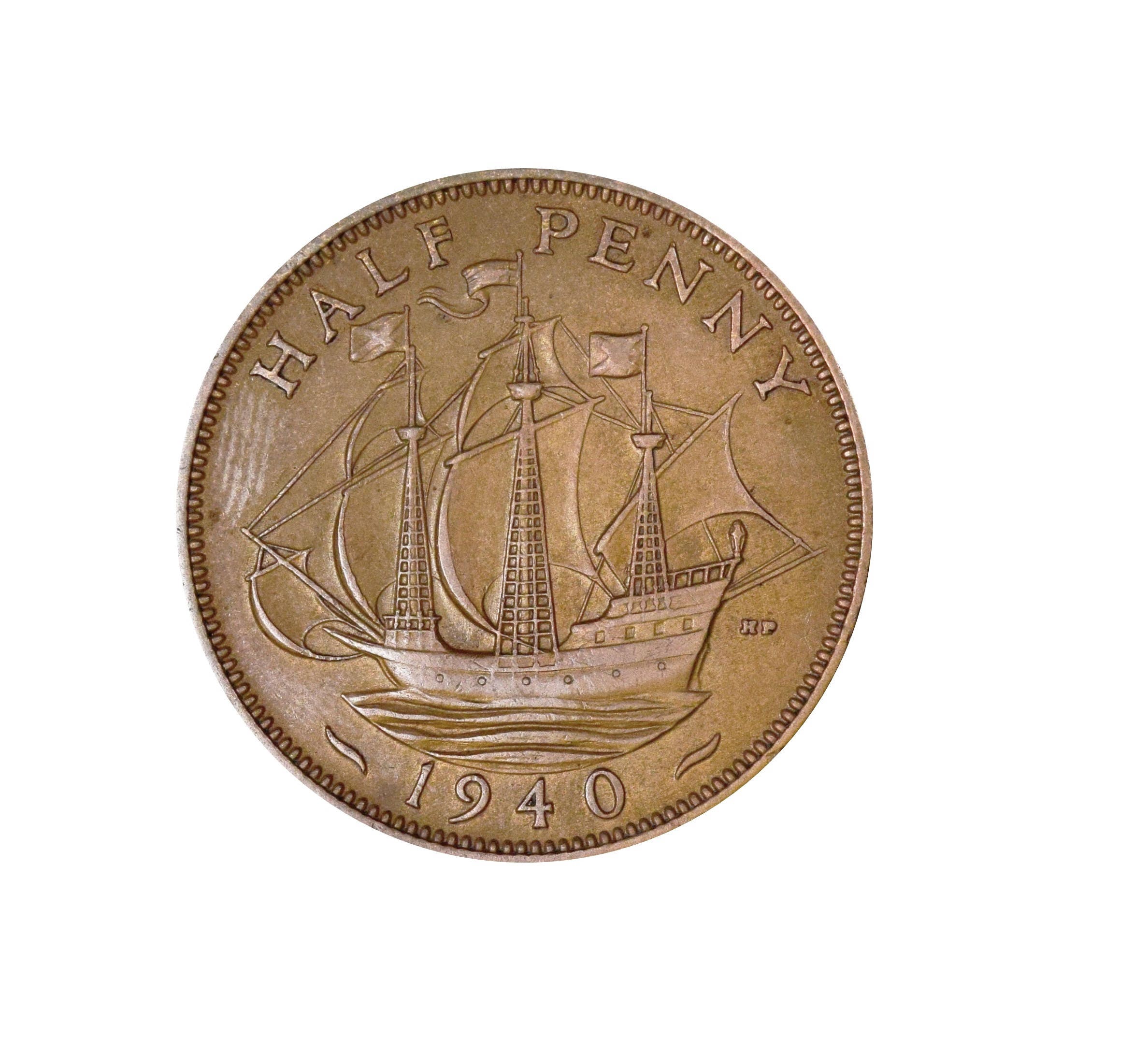 Image of 1940 Half Penny Coin With Ship | Golden Hind, King George Vi From The United Kingdom, Perfect For Birthdays , Anniversary & Jewellery