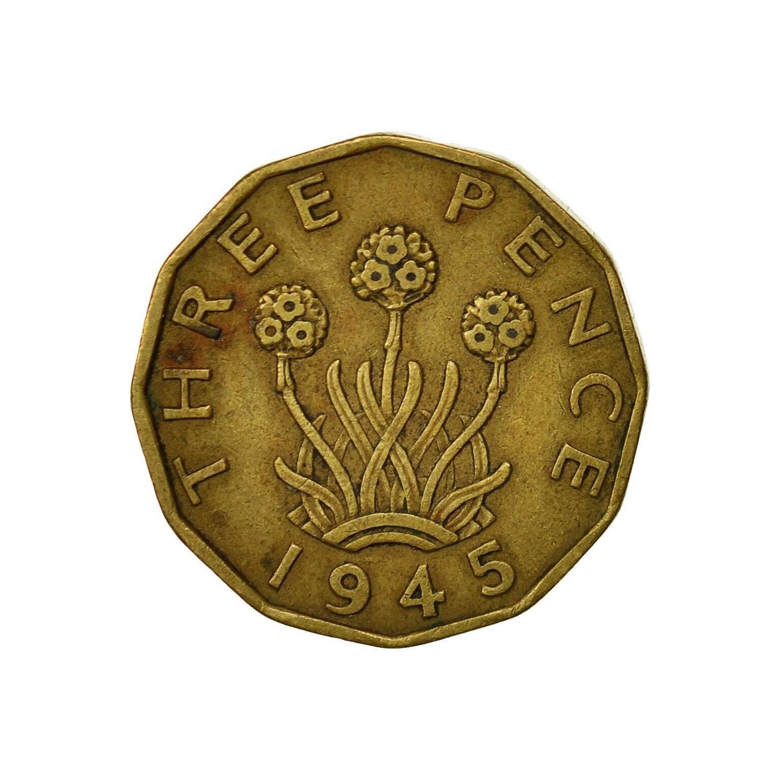 Image of Brass Threepence Coin 1945 Nickel Brass, Ideal Gift Or For Jewellery Craftmaking Projects. United Kingdom