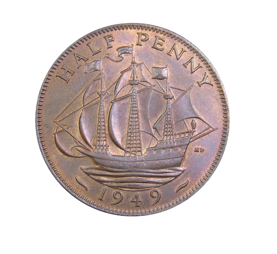 1949年 ハーフペニーコイン 船（ゴールデンハインド）、英国国王