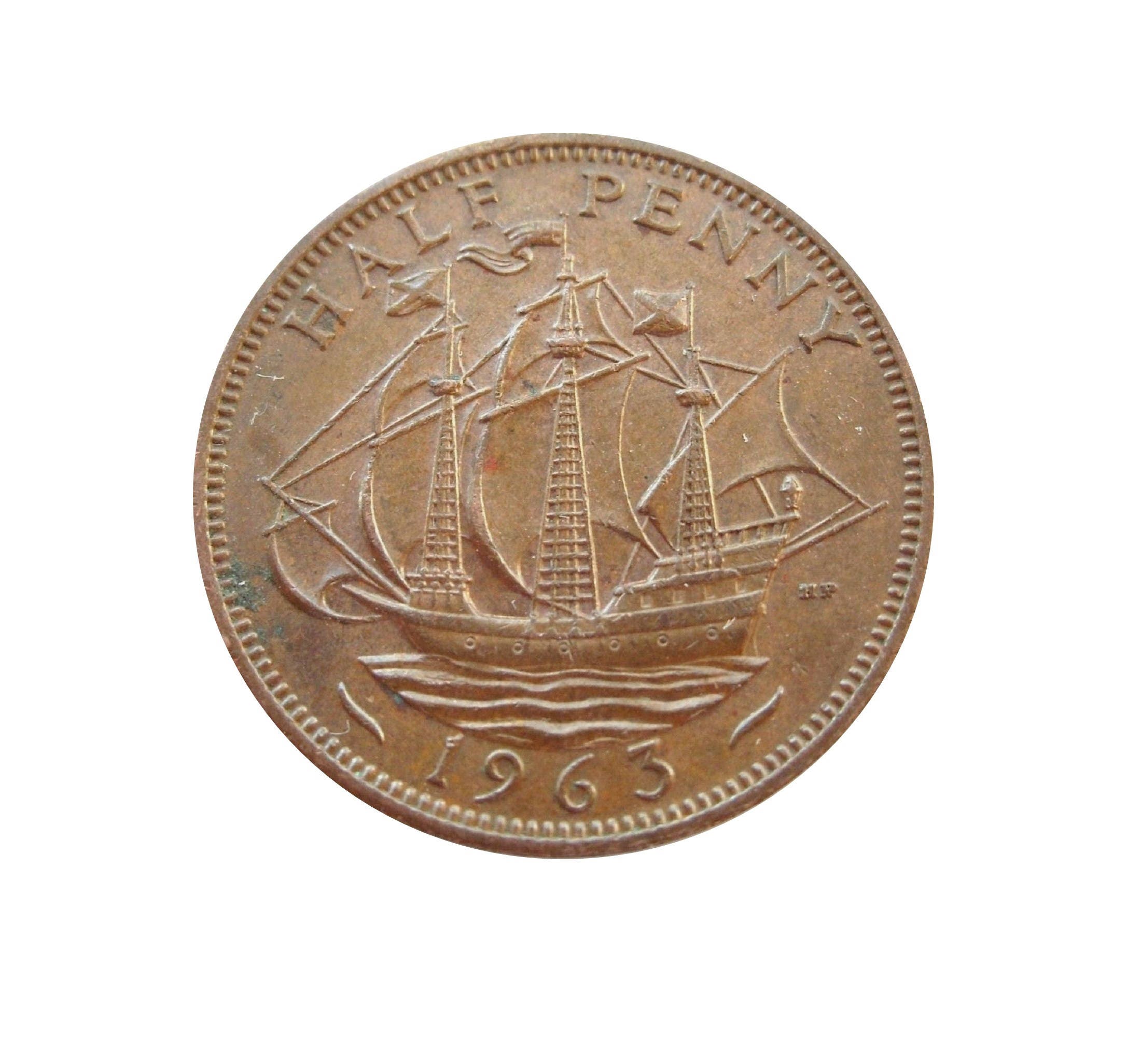 Image of 1963 Half Penny Coin With Ship | Golden Hind, Queen Elizabeth 2nd From The United Kingdom, Perfect For Birthdays , Anniversary & Jewellery