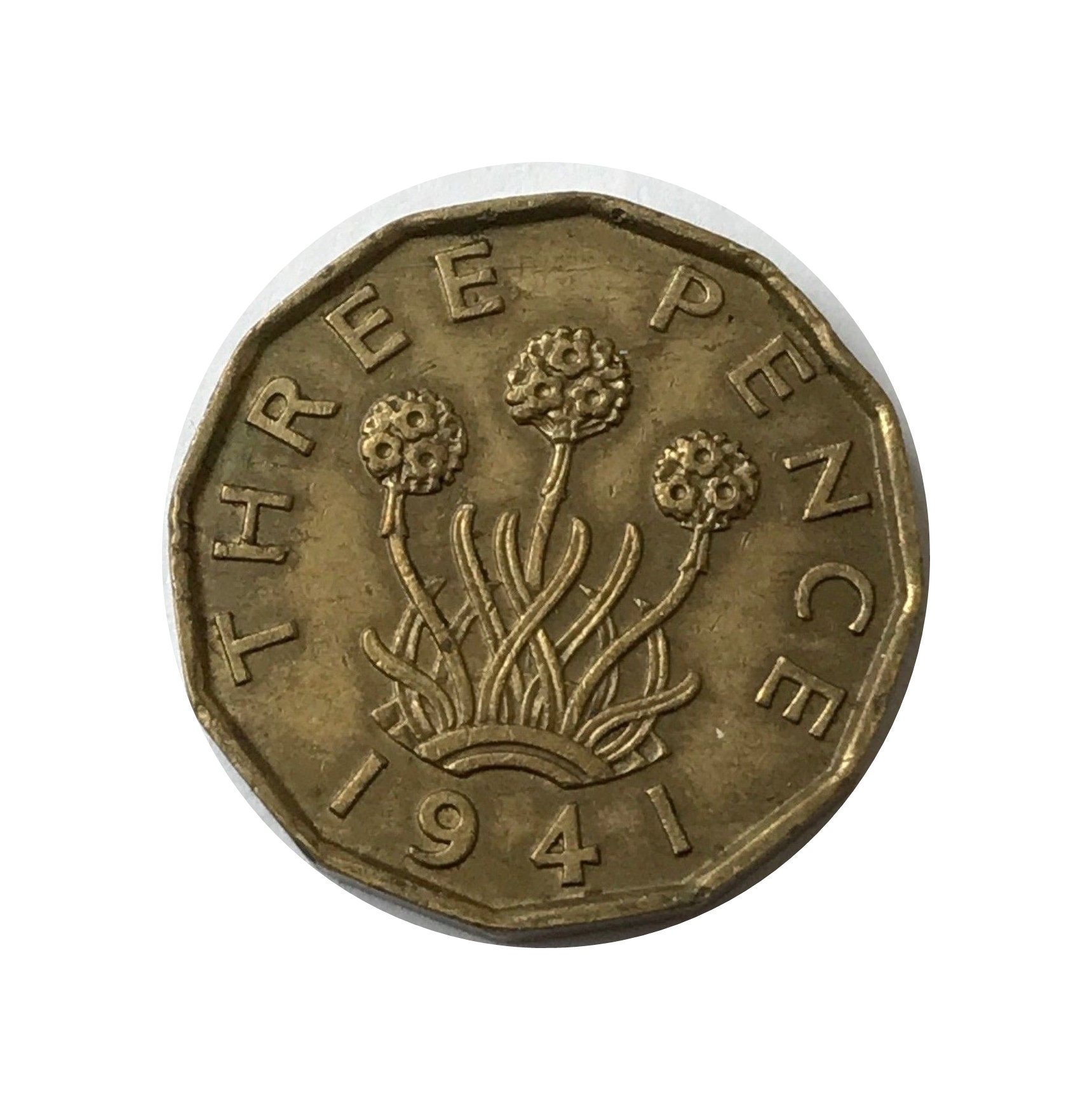 Image of Brass Threepence Coin 1941 Nickel Brass, Ideal Gift Or For Jewellery Craftmaking Projects. United Kingdom