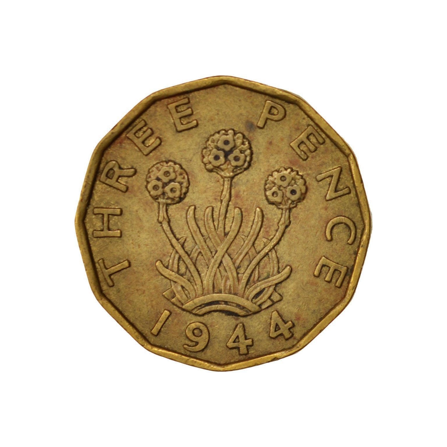 Image of Brass Threepence Coin 1944 Nickel Brass, Ideal Gift Or For Jewellery Craftmaking Projects. United Kingdom