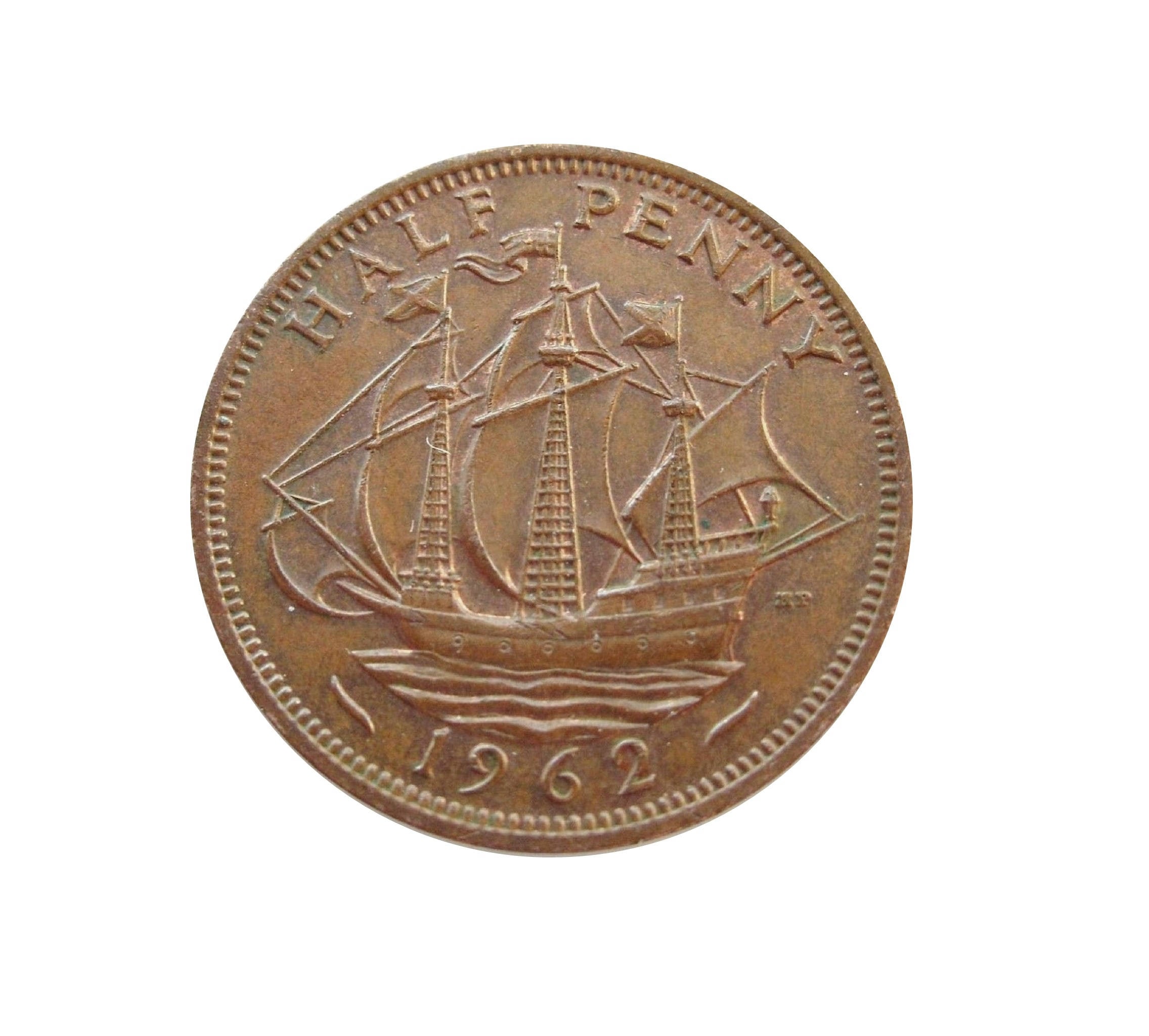 Image of 1962 Half Penny Coin With Ship | Golden Hind, Queen Elizabeth 2nd From The United Kingdom, Perfect For Birthdays , Anniversary & Jewellery