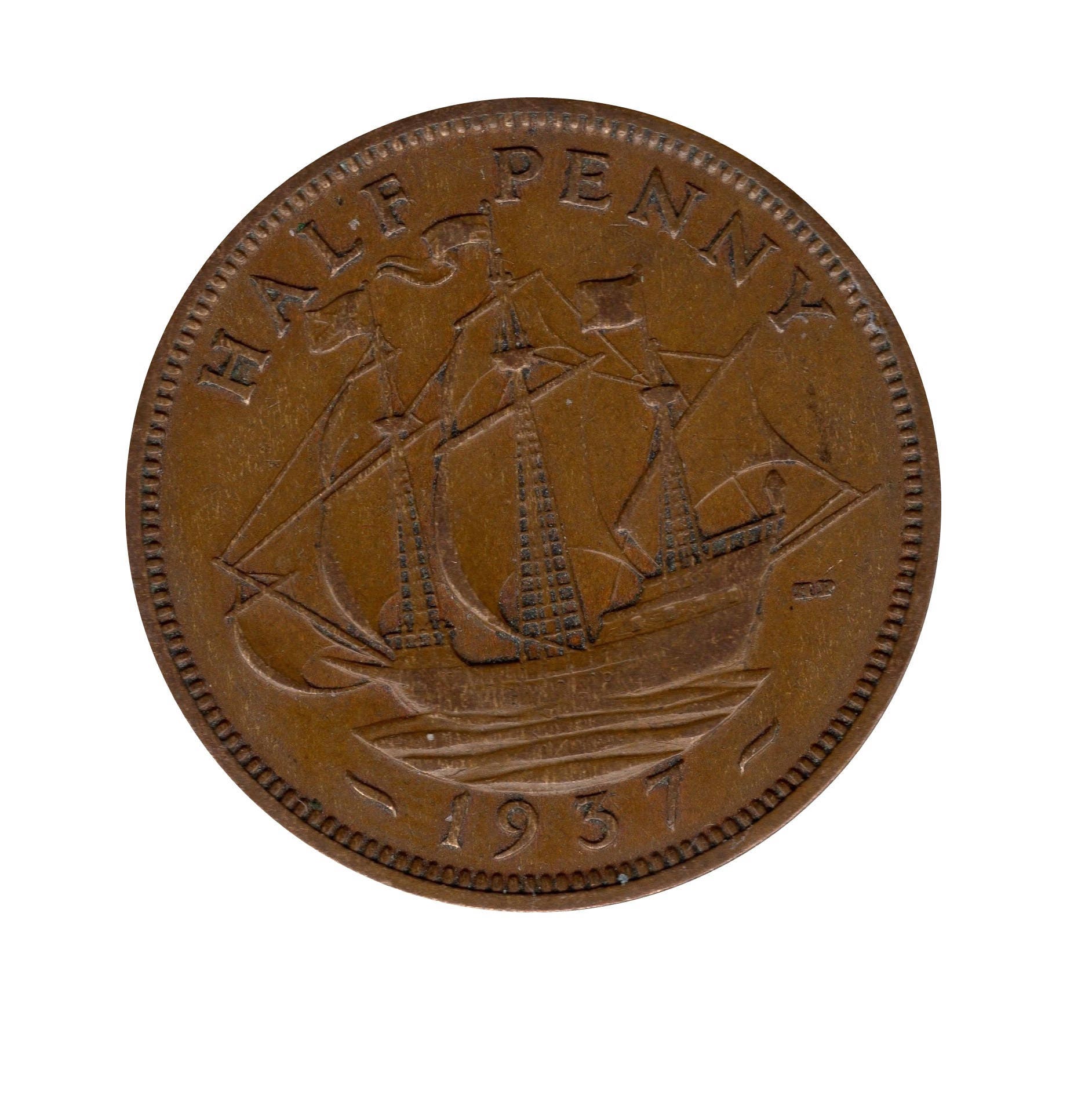 Image of 1937 Half Penny Coin With Ship | Golden Hind, King George Vi From The United Kingdom, Perfect For Birthdays , Anniversary & Jewellery