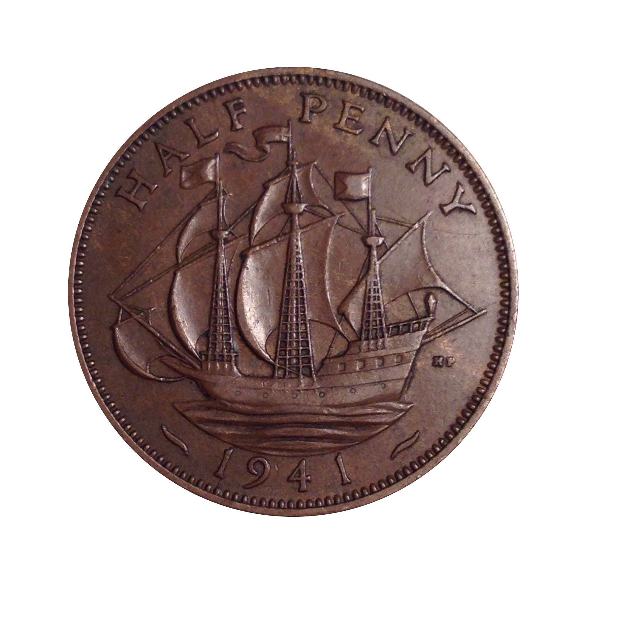 1941 Half Penny Coin With Ship (golden Hind), King George VI From