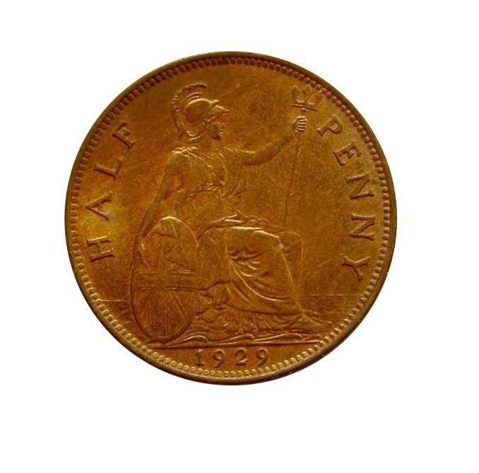 Image of 1929 Half Penny Coin With Britannia, King George V From The United Kingdom, Perfect For Birthdays , Anniversary & Within Jewellery