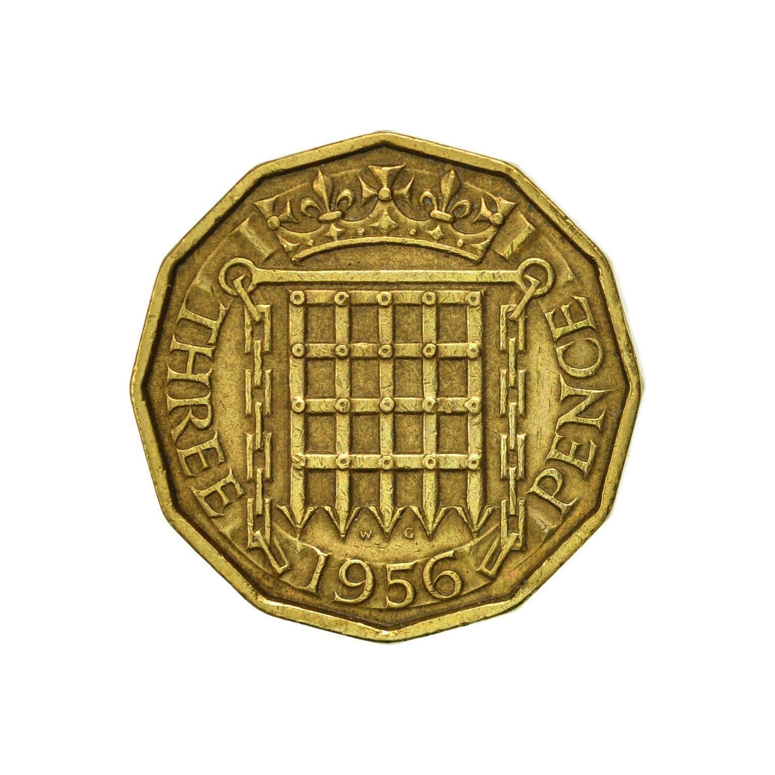 Image of Brass Threepence Coin 1956 United Kingdom Nickel Brass, Ideal Gift Or For Jewellery Craftmaking Projects. Queen Elizabeth 2nd
