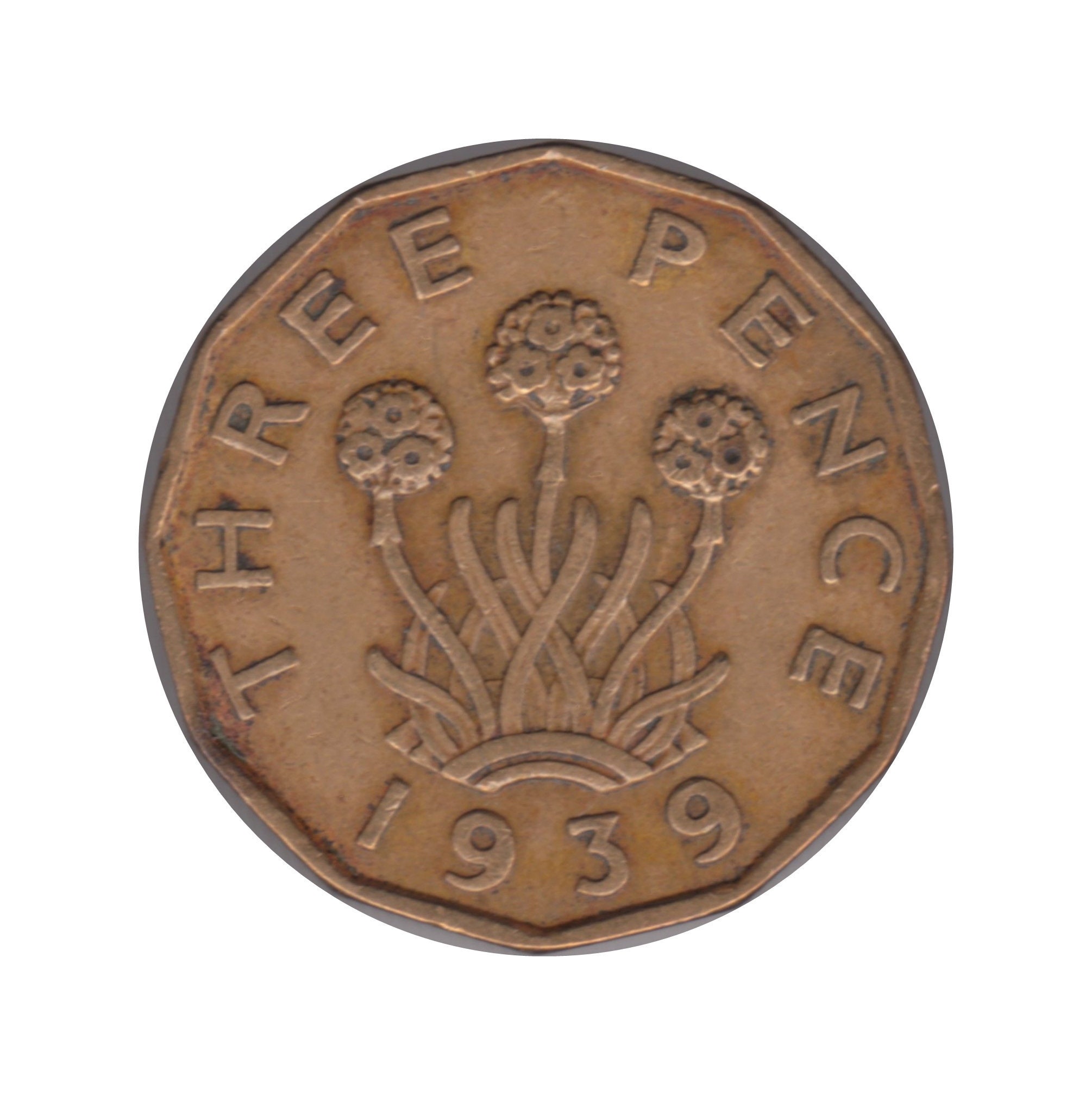 Image of Brass Threepence Coin 1939 Nickel Brass, Ideal Gift Or For Jewellery Craftmaking Projects. United Kingdom