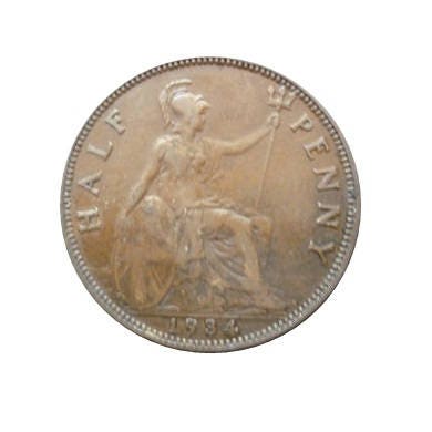 Image of 1934 Half Penny Coin With Britannia, King George V From The United Kingdom, Perfect For Birthdays , Anniversary & Within Jewellery