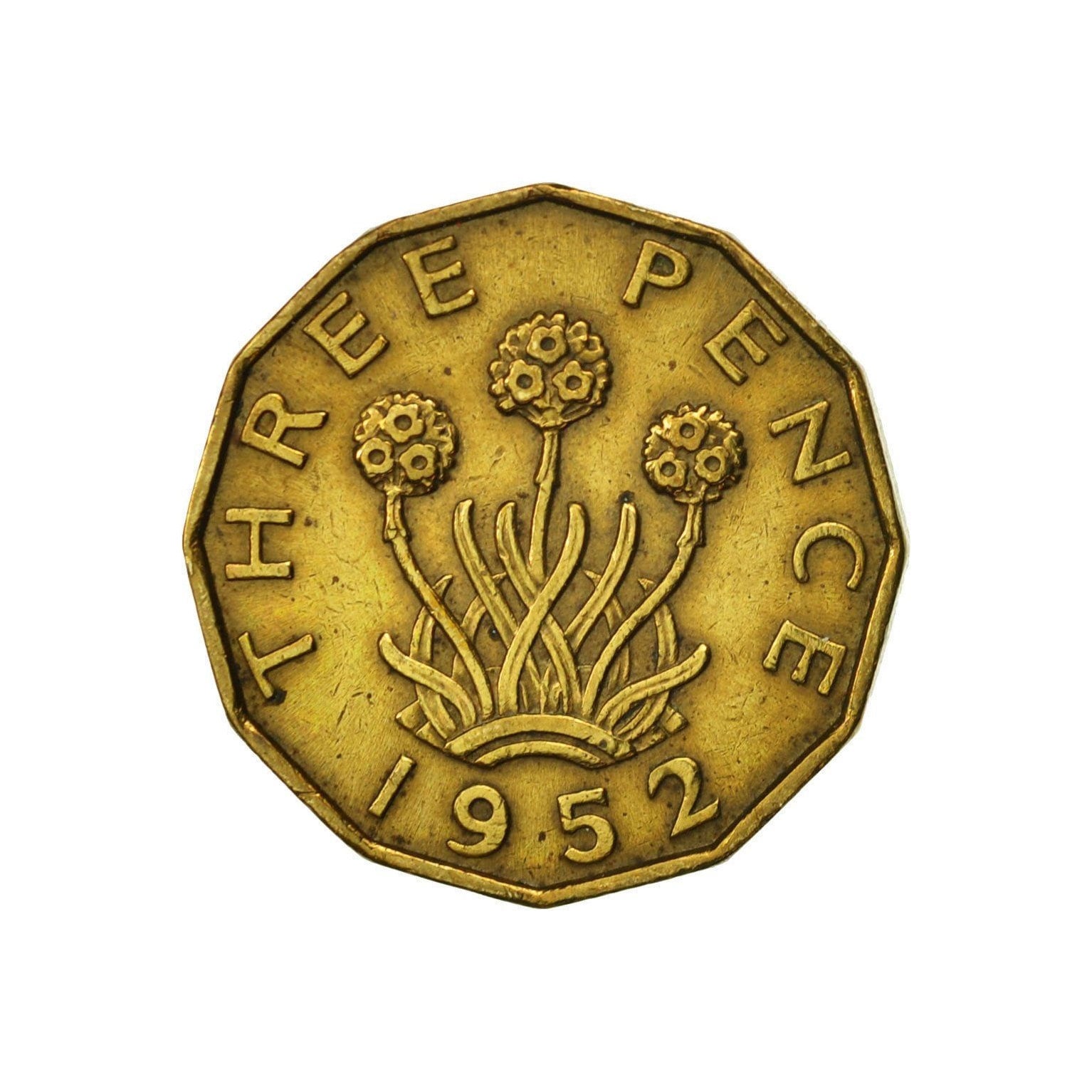 Image of Brass Threepence Coin 1952 Nickel Brass, Ideal Gift Or For Jewellery Craftmaking Projects. United Kingdom