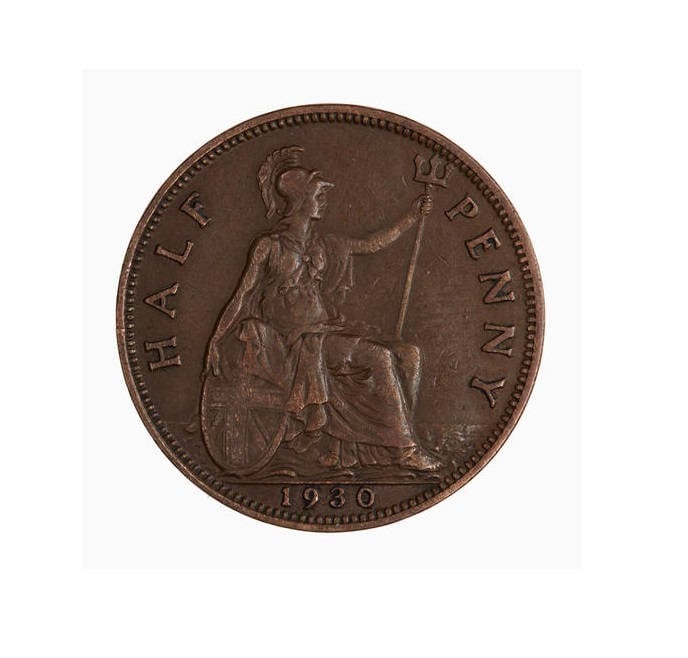Image of 1930 Half Penny Coin With Britannia, King George V From The United Kingdom, Perfect For Birthdays , Anniversary & Within Jewellery