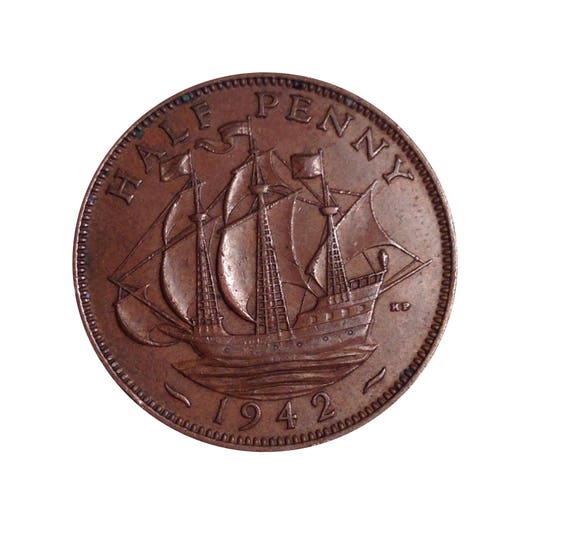 1942 Half Penny Coin With Ship (golden Hind), King George VI From