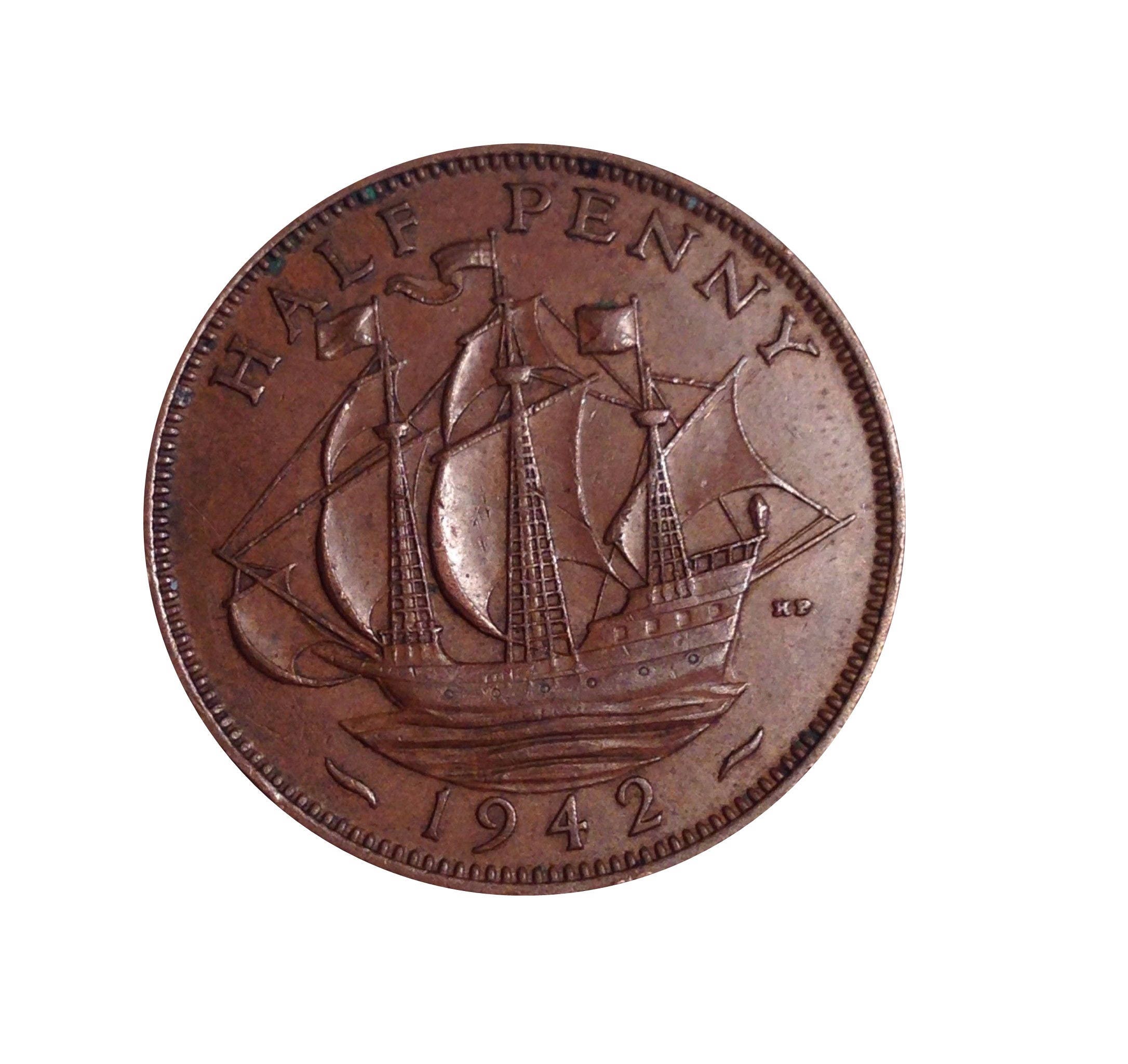 Image of 1942 Half Penny Coin With Ship | Golden Hind, King George Vi From The United Kingdom, Perfect For Birthdays , Anniversary & Jewellery