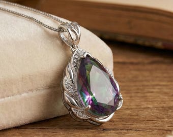 Silver Gemstone Necklace with Mystic Topaz, Sterling Silver Rainbow Stone Necklace, Modern Colorful Handmade Pendant Necklace for Women Gift